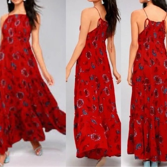 Free People Intimately Garden party maxi red xs smocking tie straps - Picture 2 of 6